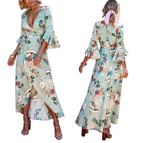 Women’s Green Floral Flow Dress - Picture 2 of 6